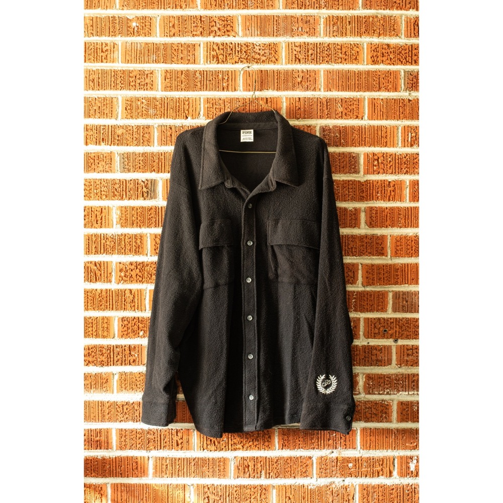 Victorias Secret PINK Oversized Fleece Shacket Button Up Utility Shirt Black XXL